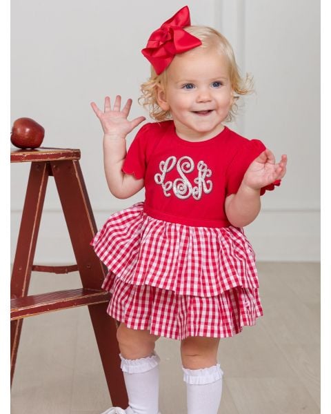 Classic Red Gingham Mixed Media Short Sleeve Skirted Romper