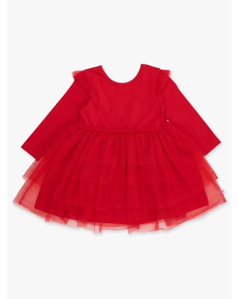 Red Flutter Tulle Long Sleeve Twirl Dress