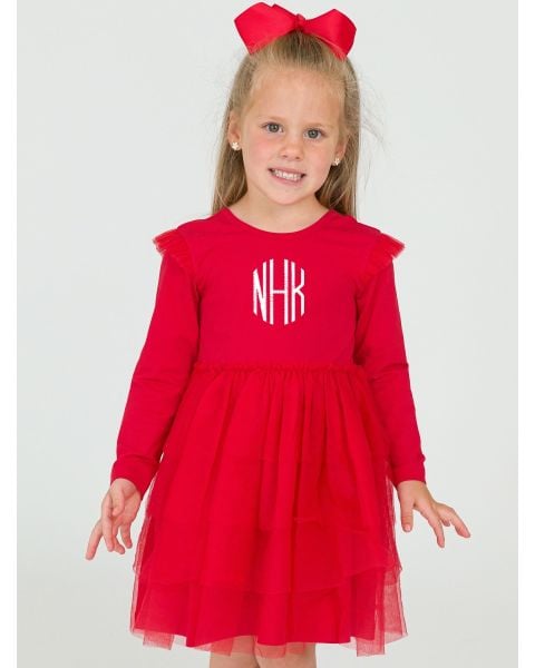 Red Flutter Tulle Long Sleeve Twirl Dress