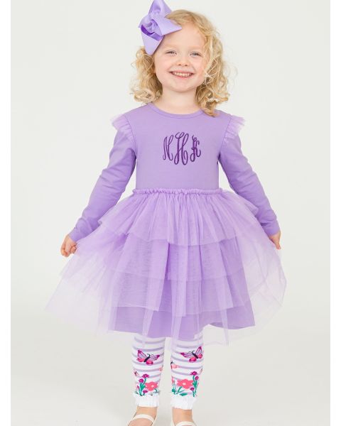 Wisteria Purple Flutter Tulle Long Sleeve Twirl Dress