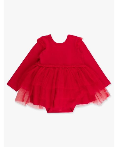 Red Flutter Tulle Long Sleeve Twirl Romper