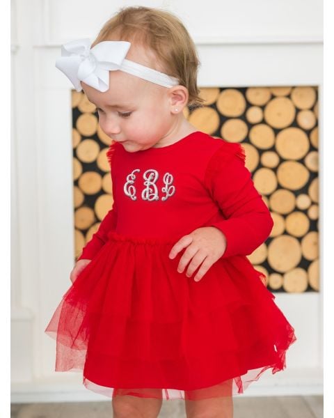 Red Flutter Tulle Long Sleeve Twirl Romper