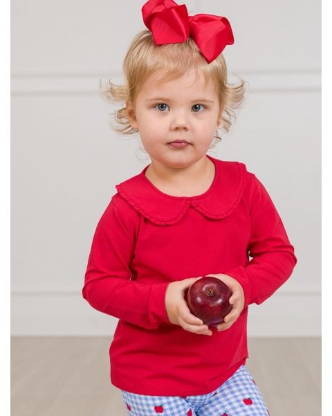 Red Knit Long Sleeve Ruffle Peter Pan Tee