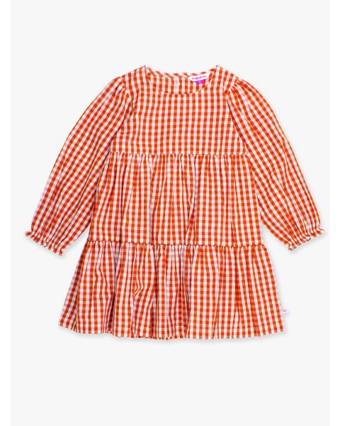 Classic Rust Gingham Woven Long Sleeve Tiered Twirl Dress