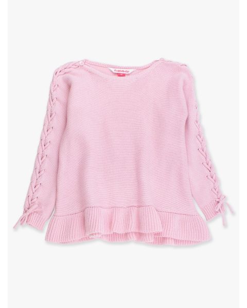 Pink Ruffle Hem Lace Up Sweater