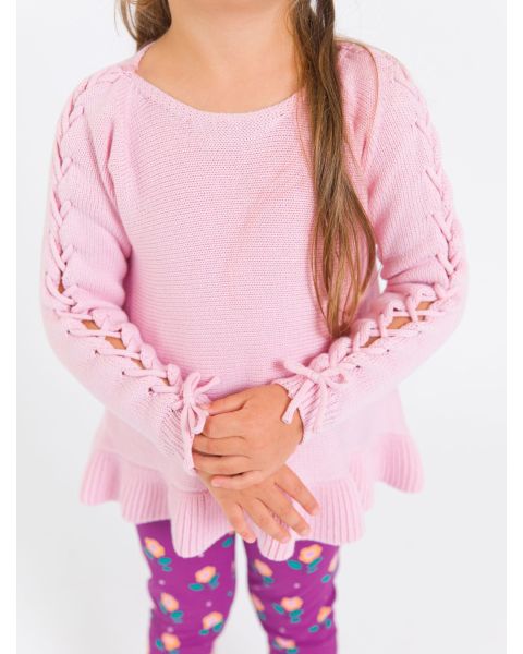 Pink Ruffle Hem Lace Up Sweater