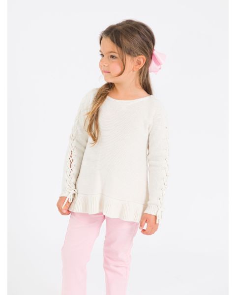 Ivory Ruffle Hem Lace Up Sweater