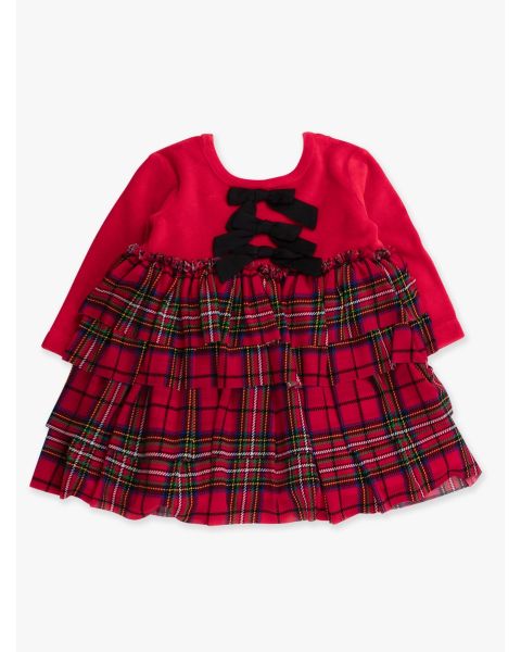 Red Nicholas Plaid Velour & Tulle Long Sleeve Twirl Dress