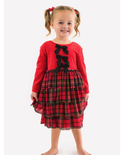 Red Nicholas Plaid Velour & Tulle Long Sleeve Twirl Dress