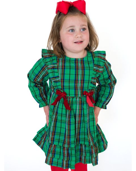 Green Nicholas Plaid Woven Long Sleeve Waterfall Bow Dress