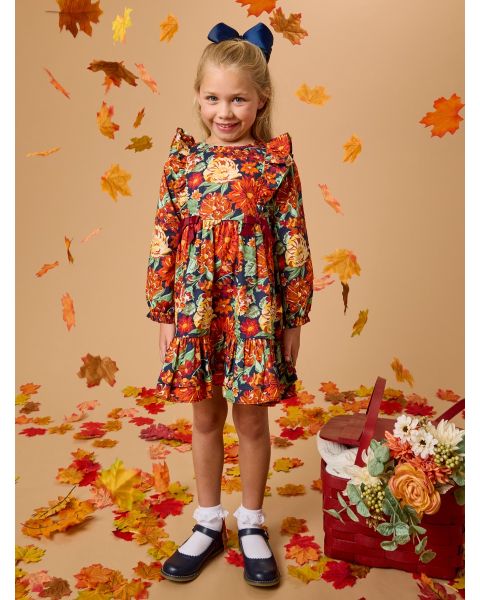 Autumn Blooms Woven Long Sleeve Waterfall Bow Dress