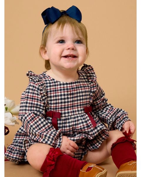 Classic Dark Navy Houndstooth Woven Long Sleeve Waterfall Bow Swing Top & Bloomer Set