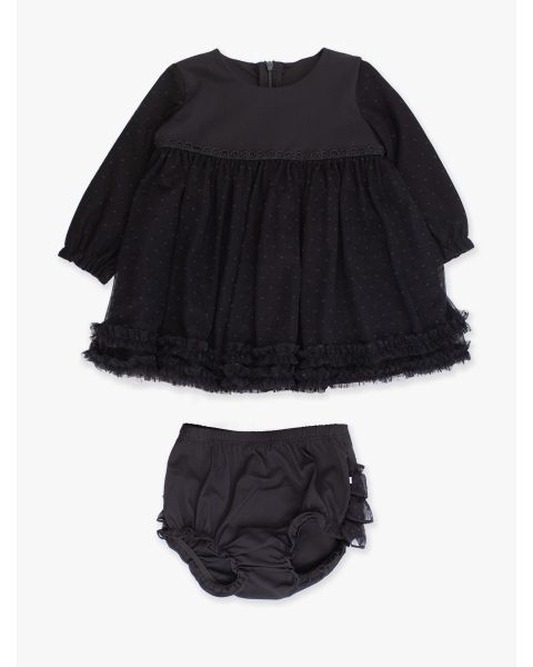 Black Long Sleeve Dotted Tulle Dress & RuffleButt Set