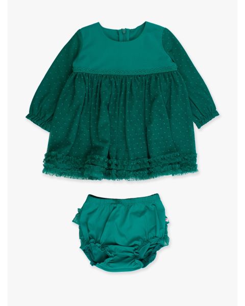 Emerald Green Long Sleeve Dotted Tulle Dress & RuffleButt Set