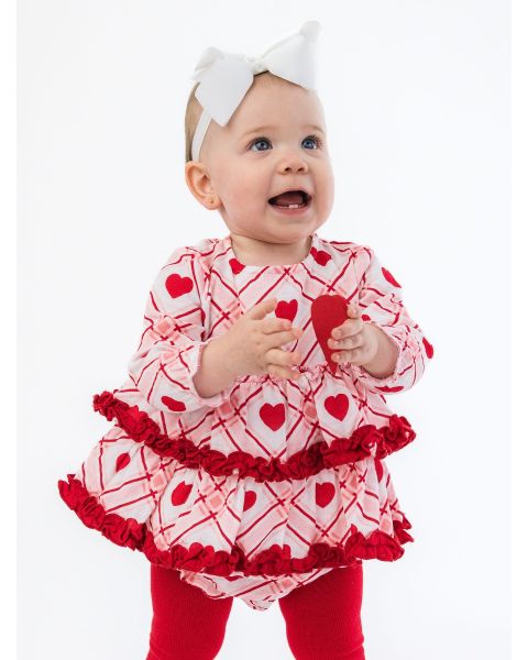 Pink Sweetheart Plaid Cotton Gauze Long Sleeve Tiered Ruffle Swing Top and Bloomer Set