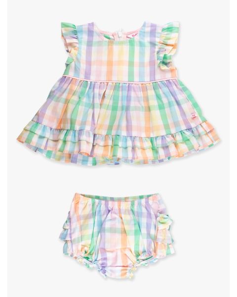 Poppy Rainbow Plaid Woven Ruffle Sleeve Swing Top & Bloomer Set