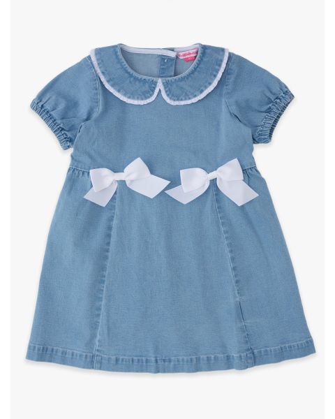 Light Wash Stretch Peter Pan Ruffle Bow Short Sleeve Dress
