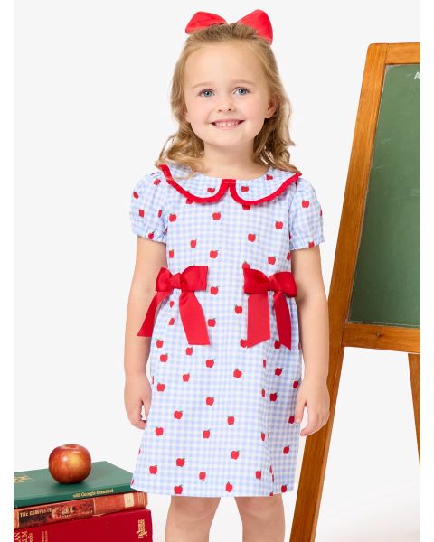 Apple Orchard Gingham Woven Peter Pan Ruffle Bow Short Sleeve Dress