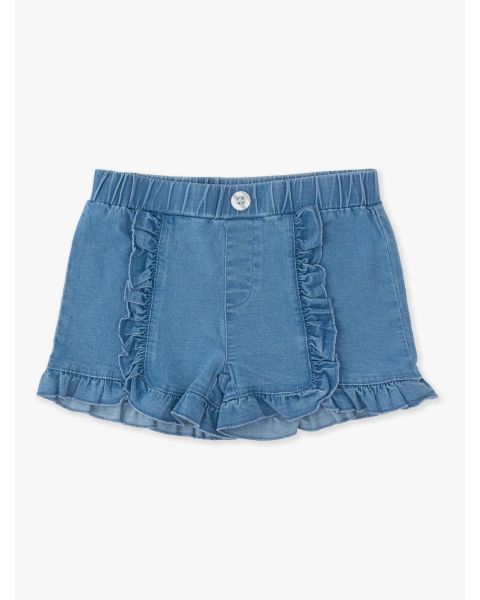Light Wash Stretch Denim Ruffle Trim Shorts