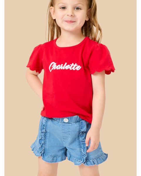 Light Wash Stretch Denim Ruffle Trim Shorts