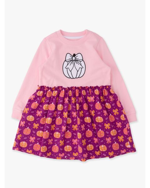 Pumpkin Bow Patch Pink Colorable Applique Long Sleeve Mixed Media Dress