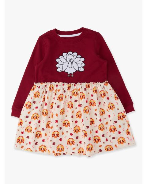 Gobble Gingham Dark Cherry Colorable Applique Long Sleeve Mixed Media Dress
