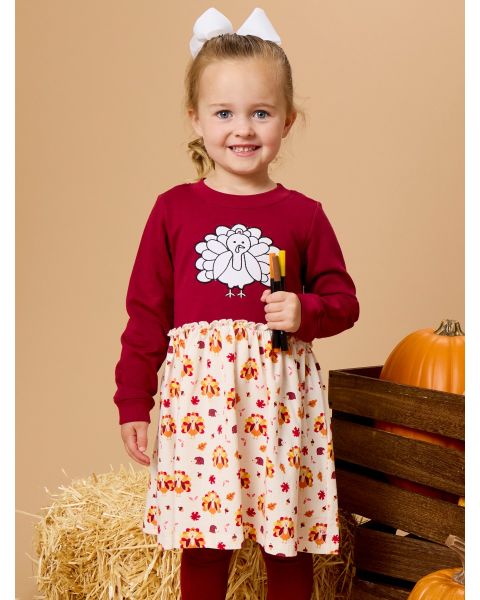 Gobble Gingham Dark Cherry Colorable Applique Long Sleeve Mixed Media Dress