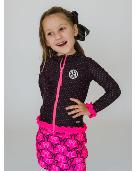 Black & Neon Magenta Tiny Dots Active Full Zip Ruffle Jacket