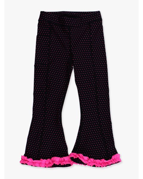 Black & Neon Magenta Tiny Dots Active Flared Ruffle Hem Pants