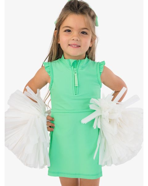 Spring Green Active Sleeveless Zip Ruffle Sleeve Dress & Bike Short Set