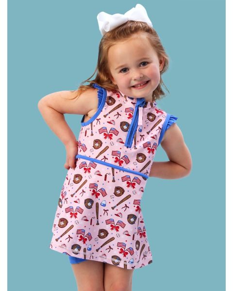 Pink Stars & Strikes Active Sleeveless Zip Ruffle Sleeve Dress & Bike Short Set