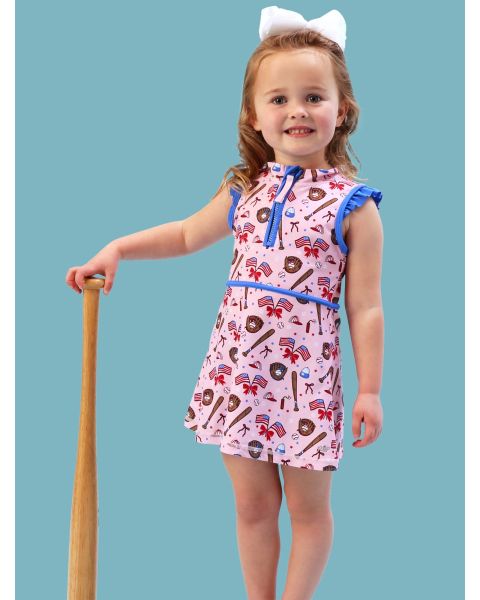 Pink Stars & Strikes Active Sleeveless Zip Ruffle Sleeve Dress & Bike Short Set