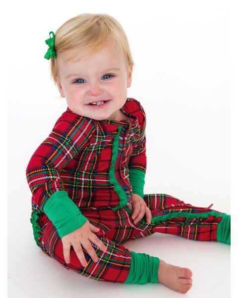 Red Nicholas Plaid Convertible Ruffle One Piece Pajama, Bamboo Viscose