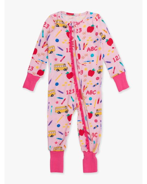 Pink School House Convertible Ruffle One Piece Pajama, Bamboo Viscose