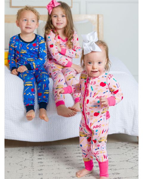 Pink School House Convertible Ruffle One Piece Pajama, Bamboo Viscose