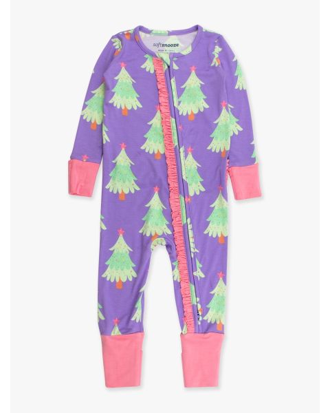 Purple Twinkling Trees Convertible Ruffle One Piece Pajama, Bamboo Viscose