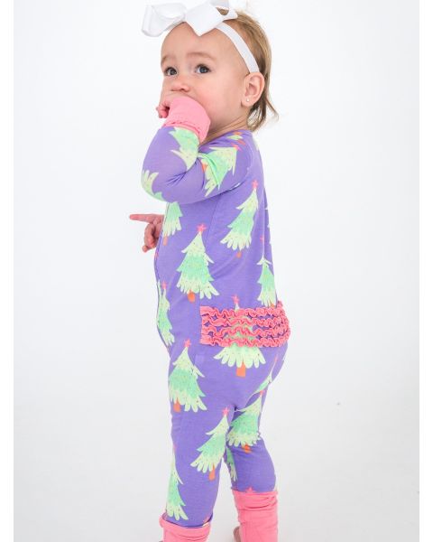 Purple Twinkling Trees Convertible Ruffle One Piece Pajama, Bamboo Viscose