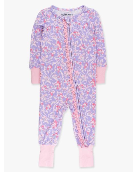 Lavender Enchanted Flowers Convertible Ruffle One Piece Pajama, Bamboo Viscose