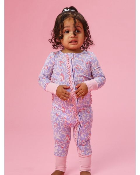 Lavender Enchanted Flowers Convertible Ruffle One Piece Pajama, Bamboo Viscose