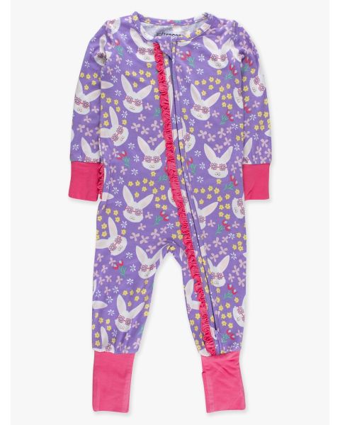 Purple Sunny Bunnies Convertible Ruffle One Piece Pajama, Bamboo Viscose
