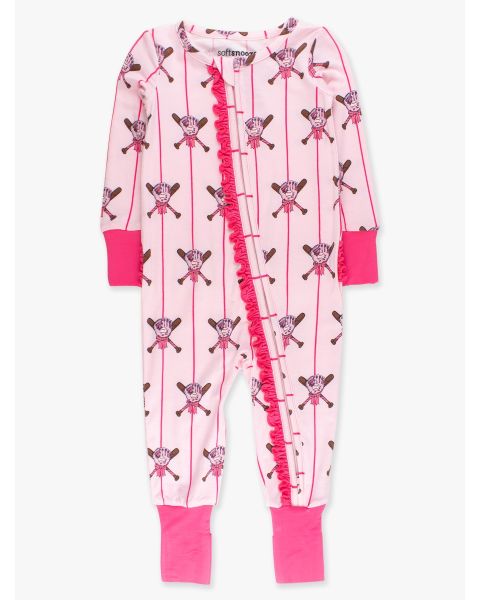 Pink Batter Up Convertible Ruffle One Piece Pajama, Bamboo Viscose