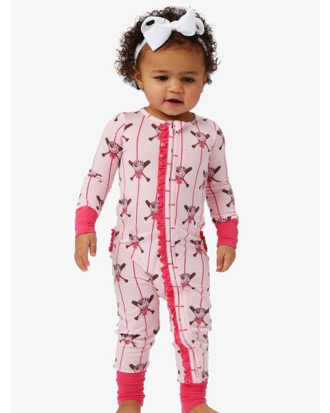 Pink Batter Up Convertible Ruffle One Piece Pajama, Bamboo Viscose