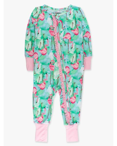 Green Vibrant Flamingo Convertible Ruffle One Piece Pajama, Bamboo Viscose
