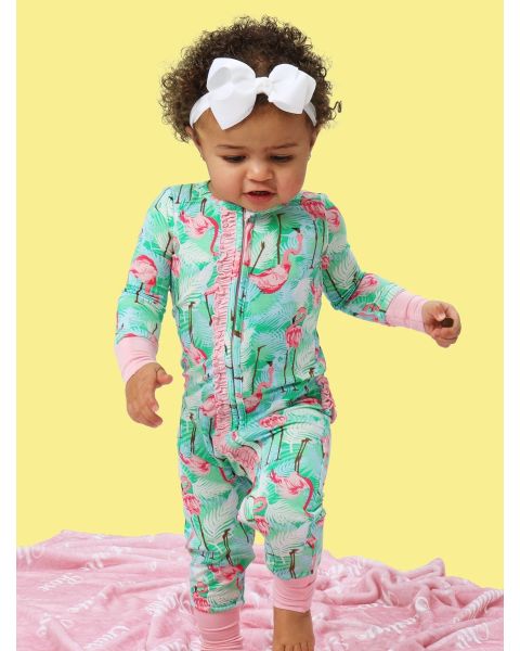 Green Vibrant Flamingo Convertible Ruffle One Piece Pajama, Bamboo Viscose