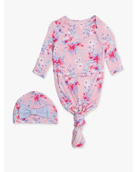 Pretty in Pink Floral Ruffle Knotted Sleep Gown & Hat Set