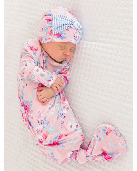 Pretty in Pink Floral Ruffle Knotted Sleep Gown & Hat Set