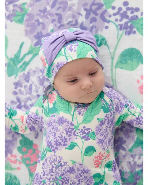 Purple Hydrangea Garden Ruffle Knotted Sleep Gown & Hat Set, Bamboo Viscose
