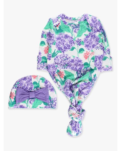 Purple Hydrangea Garden Ruffle Knotted Sleep Gown & Hat Set, Bamboo Viscose