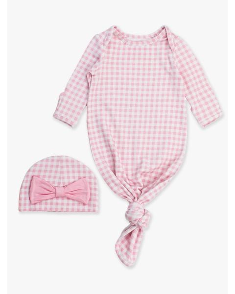 Pink Gingham Ruffle Knotted Sleep Gown & Hat Set, Modal Blend