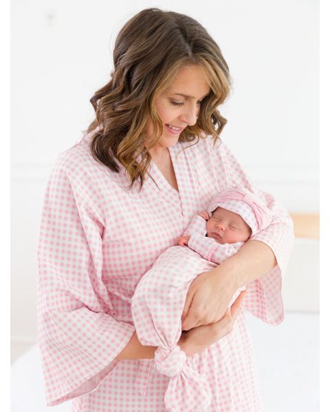Pink Gingham Ruffle Knotted Sleep Gown & Hat Set, Modal Blend
